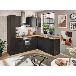 Küchenblock mit E-Geräten JAZZ 8 - schwarz - Moderne Küche mit E-Geräten, Ecke-Apotheker-Design, ideal für platzsparende Raumlösungen.