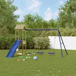 vidaXL Spielturm mit Rutsche und Schaukel - Schaukeln und Klettern im eigenen Garten! Dieser Spielturm aus kesseldruckimprägniertem Kiefernholz bietet Stabilität, eine 90 cm hohe Plattform und einen Sandkasten für unvergessliche Abenteuer.
