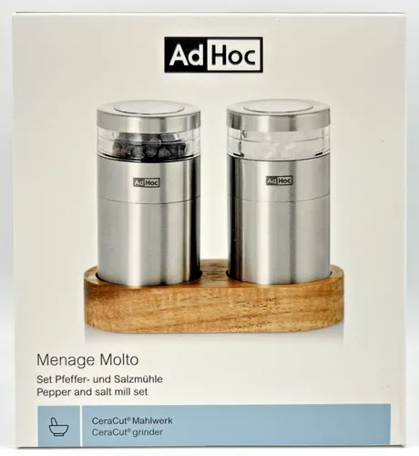 Ad Hoc Set Pfeffer- und Salzmühle MENAGE MOLTO | 3-teilig aus Akazienholz und Edelstahl - Küchenhelfer: Modernes 3-teiliges Set für Gewürze, vereint elegantes Design aus Akazienholz und Edelstahl für stilvolles Würzen.