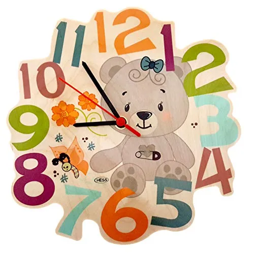 Hess Holzspielzeug 30012 - Wanduhr aus Holz für Kinder, Serie Bär Nature, mit Quarzuhrwerk, handgefertigt, Durchmesser ca. 24 cm, farbenfroher Zeitanzeiger für´s Kinderzimmer