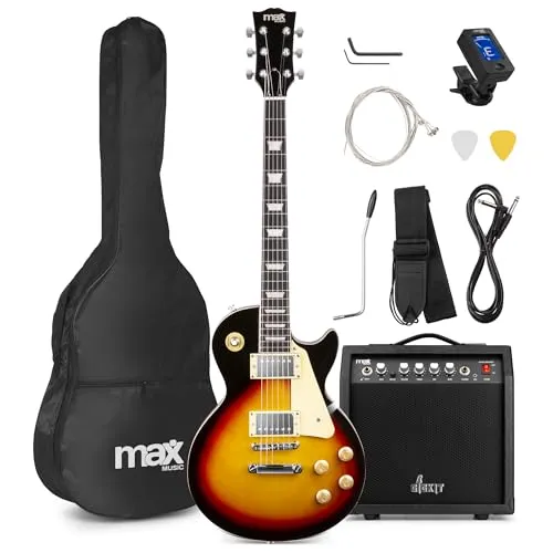 Max GigKit LP Style E Gitarre, E Gitarren Set mit Gitarrenverstärker, Tasche, Plektrum, Stimmgerät, Instrumentenkabel, Ersatzsaiten, Gitarrengurt, 22 Bünde - Sunburst