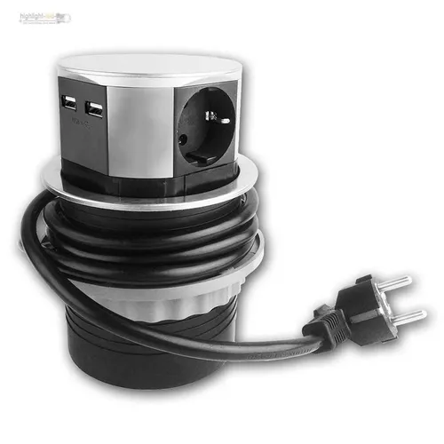 Versenkbare 3er Tischsteckdose mit 2x USB-Anschlüssen aus Edelstahl