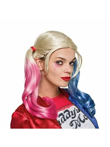 Rubies Offizielle Harley Quinn Perücke – Blonde Zöpfe mit pink-blauen Spitzen - Perücken für Erwachsene: Vervollständige dein Harley Quinn Kostüm mit dieser originalgetreuen Perücke, die filmgenauen Glamour und ein auffälliges Design für jede Kostümparty bietet.