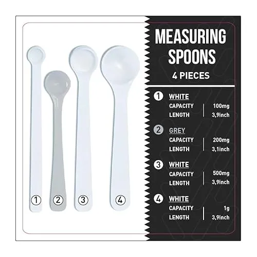 Dosierlöffel 4er Set | Milligramm-Messlöffel für präzise Dosierung - Messlöffelset für genaue Dosierung von Pulver, antistatisch und BPA-frei, ideal für Nahrungsergänzungsmittel und Laboranwendungen.