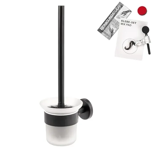 bremermann Bad-Serie Piazza Black - Elegante WC-Garnitur mit Klebeset - WC-Bürsten & Halter - Praktische und pflegeleichte Garnitur aus mattem Edelstahl und satiniertem Glas, inklusive Klebeset für eine einfache Montage ohne Bohren.