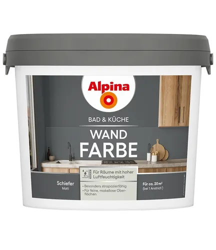 Alpina Wandfarbe für Küche & Badezimmer - Schiefer 2,5 L - Hochwertige Wandfarbe für Küche und Badezimmer in eleganter Schieferfarbe. Ideal für eine stilvolle Gestaltung mit geprüfter Qualität und einfacher Anwendung.