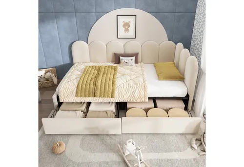 Modfu Polsterbett Beige 90x200 cm - Vielseitig und Modern - Das Modfu Polsterbett vereint Schlafplatz und Stauraum in einem stilvollen Design. Mit zwei praktischen Schubladen und einer gepolsterten Rückenlehne ist es ideal für Kinder- und Gästezimmer.