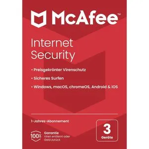 McAfee Antivirensoftware Internet Security, Vollversion, PKC, 3 Geräte, 1 Jahr, deutsch