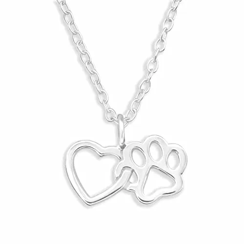 Monkimau Halskette Damen mit Herz und Pfoten Anhänger aus 925 Sterling Silber Paw and Heart Necklace Silver Women Charm Kette Schmuck Geschenke für Kinder Mädchen Frauen