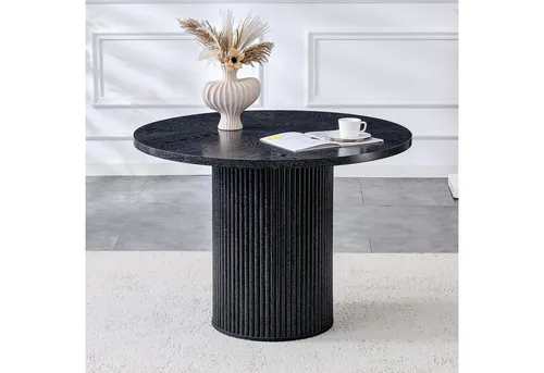 Okwish Esstisch Schwarz, Rund, 100 cm Durchmesser für Esszimmer & Küche - Moderner runder Esstisch in Schwarz, ideal für kleine Räume. Pflegeleichte MDF-Oberfläche, stabile Metallstruktur und zylindrisches Tischbein mit integriertem Stauraum. Perfekt für gemeinsame Mahlzeiten und stilvolle Akzente.