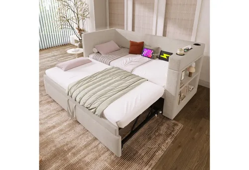 Odikalo Schlafsofa Ausziehbett Bettgestell Getränkehalter Leinen 90x190/200Beige/Grau