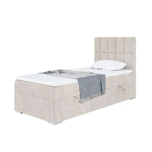 MEBLINI Boxspringbett Lukas - Gepolstertes Einzelbett mit Stauraum und Matratze - Boxspringbett mit seitlichem Bettkasten und komfortabler H3 Federkernmatratze für besten Schlafkomfort und cleveren Stauraum in einem eleganten Design.