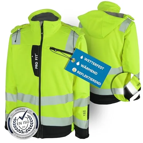 PRO FIT Winter Warnschutz-Softshelljacke neongelb/schwarz Gr. S - reflektierende Arbeitsjacke - Maximale Sichtbarkeit dank fluoreszierender Farbe und breiten Reflexstreifen. Wasserabweisend und winddicht mit wärmenden Fleece-Elementen für besten Komfort bei kaltem Wetter. Ergonomische Passform und praktische Taschen für den Arbeitsalltag.