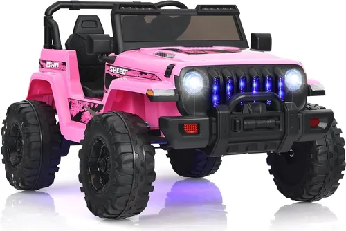 GOPLUS 12V Kinder Elektroauto, Kindefahrzeug mit 2,4 GHz Fernbedienung, Softstart, Scheinwerfer & Rücklicht, Kinderauto mit Startsound, Hupe, Musik & blauen Lichteffekten, für 3-8 Jahre (Rosa)