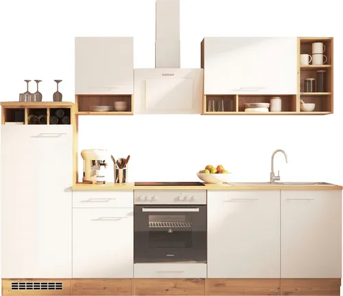 RESPEKTA Küche Hilde, 280 cm - Modern und Funktional - Küchenzeilen mit hochwertiger Edelstahl-Einbauspüle, ideal für moderne Küchen. Die durchgehende Arbeitsplatte in Holzoptik und integrierte E-Geräte bieten Funktionalität und Stil.