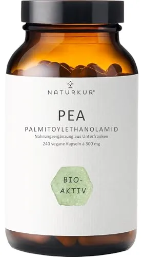 Naturkur® PEA Ultramikronisiert 600mg pro Portion - 240 Kapseln im Apothekerglas - Palmitoylethanolamid, Vegan, ohne unerwünschte Zusatzstoffe, in Handarbeit hergestellt in Unterfranken