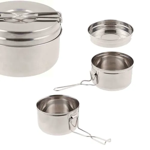 Outdoor Edelstahl Kochgeschirr CZ - 3-teiliges Camping Kochset - Praktisches Geschirr-Set mit 2 Töpfen, ideal für Camping und Outdoor-Aktivitäten, leicht und langlebig aus Edelstahl.