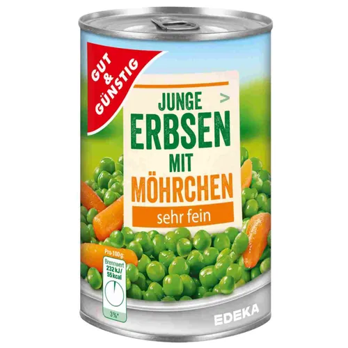 G&G Junge Erbsen mit Möhrchen sehr fein 400g Dose - Obst- & Gemüsekonserven, zarte Erbsen kombiniert mit feinen Möhrchen, ideal für schnelle und gesunde Gerichte.