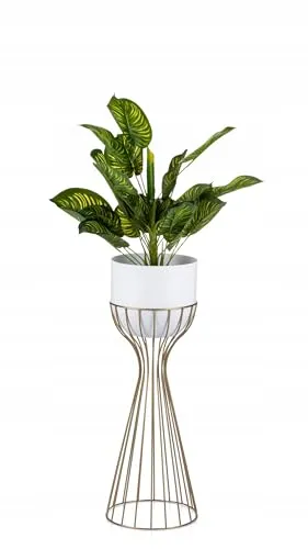 HowHomely Moderne Blumenständer Metall 56 cm Hoch mit Weiß Blumentopf Rund 18 cm Ø auf Robuste Gold Ständer - Pflanzenständer zur Dekoration Innenräumen