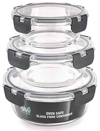 Igluu Meal Prep Runde Glas-Frischhaltedosen mit BPA-freiem Deckel (3er-Pack) – mikrowellen-, ofen-, gefrier-, spülmaschinengeeignet, auslaufsicher – 400 & 650 & 950 ml – robustes Borosilikatglas