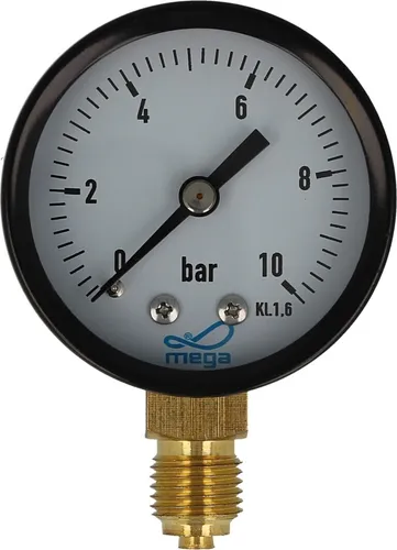 MEGA Druckmanometer 0 - 10 bar - 1/4 Zoll Anschluss nach unten Radial Ø 50 mm
