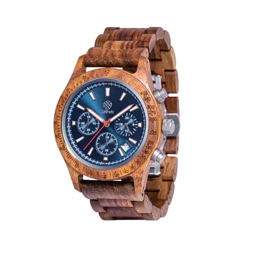 Zeitholz Holzuhr Herren, für Herren, Armbanduhr, Chronograph, Neue Bergen, Analog, 42mm, 100% Naturholz mit Japanischem Quarzwerk. (Blue)