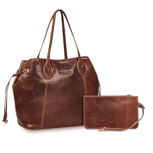 STILORD 'Camelia' 2-Teilige Shopper Tasche Damen Groß Echt-Leder Handtaschen Set mit Geldbörse - Ledertasche für Frauen Große Schultertasche für Uni Arbeit und Freizeit, Farbe:kara - cognac