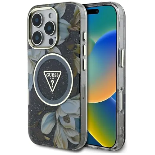 CG MOBILE Guess Glitter Flowers Triangle Buttons Hülle für iPhone 16 Pro kompatibel mit MagSafe (Schwarz)