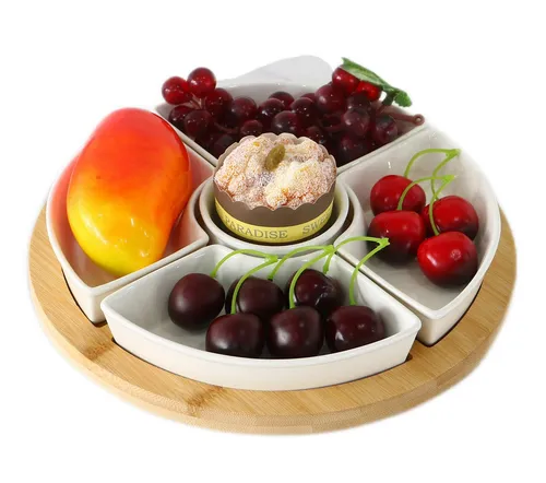 Cheffinger Servierschale Servierset Snackschalen Dipschalen Servierschalen mit Tablett, Material: Holz, Porzellan