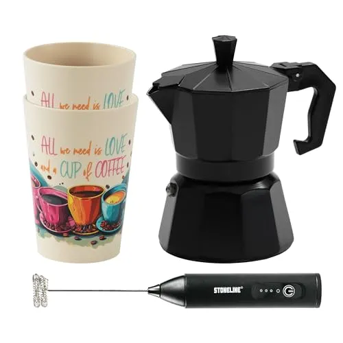 STONELINE Espressokocher Induktion aus Aluguss 170 ml, 4 Tassen, für alle Herdarten, Italienischer Kaffeekocher Moka Mokkakanne Induktionsgeeignet, Set mit Becher & Milchaufschäumer, Schwarz