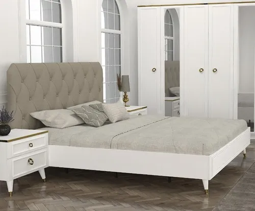 Modernes Polsterbett 180x200 cm in Beige - Stilvolles Bettgestell mit Holzstruktur, ideal für Schlafzimmer. Die gemütliche Polsterung sorgt für zusätzlichen Komfort und lädt zum Entspannen ein.