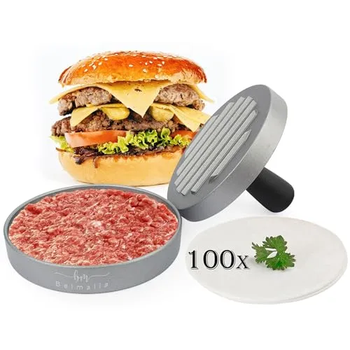 Belmalia Burgerpresse 100 Blatt Backpapier für perfekte Burger, Hamburger, Cheeseburger, Frikadellen, Patties, Presse, Grill, antihaftbeschichtet, 11 cm
