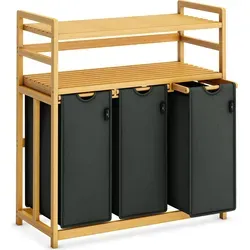 AdelDream Wäschekorb 150 l 3 Fächer 2 Regale ausziehbarer und abnehmbarer Wäschesack, Wäschesammler Bambus - Grau