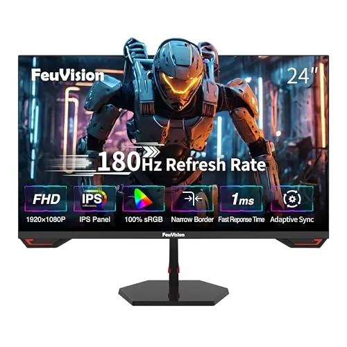 FeuVision 24 Zoll Gaming Monitor, 180Hz, FHD 1080p PC Monitor, 1ms, IPS Panel, FreeSync, Adaptive-Sync, VESA montierbar, Eye-Care, 100% sRGB, Rahmenlos Bildschirm, HDMI*1, DP*1