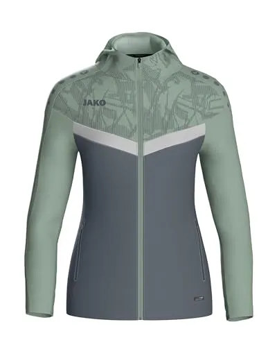 JAKO ICONIC Kapuzenjacke Gr. 40 Anthra Light/Mintgrün/Soft Grey - Funktionsjacke für Damen mit Keep Dry Funktion, aus 100% recyceltem Polyester, ideal für Sport und Freizeit, hält trocken und sorgt für ein angenehmes Tragegefühl.