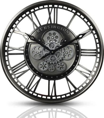 Wanduhr mit echtem Bewegungsgetriebe - Römische Ziffern in Silber - Wanduhren mit bewegenden Zahnrädern für rustikalen Charme. Der geräuschlose Quarz-Mechanismus sorgt für Präzision und eine einfache Sicht aus jedem Winkel.