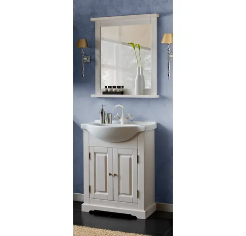 Lomadox Badmöbel Waschplatz Set mit Keramik-Waschtisch - 3-teiliges Badmöbel Set aus Kiefer Massivholz im Landhaus Look, inklusive Spiegel und Waschtischunterschrank mit Keramik-Waschbecken. Ideal für stilvolle Badezimmer und Gäste-WCs.