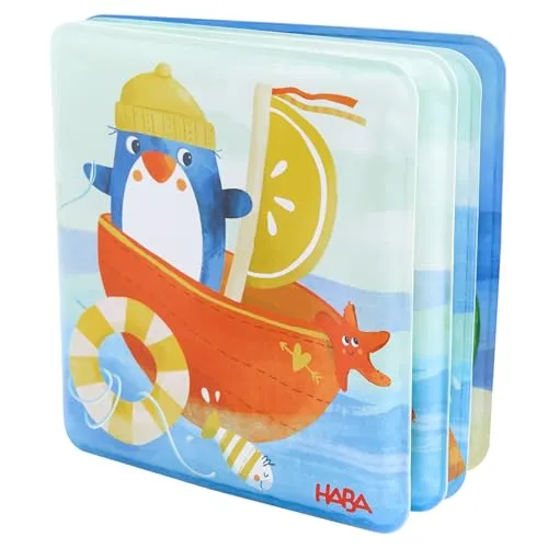 HABA Badebuch Pinguin – Wasserspaß für Babys ab 6 Monaten – Mit Quietsche-Effekt & bunten Illustrationen – Spritzfestes Spielzeug für Badewanne – 2012340001