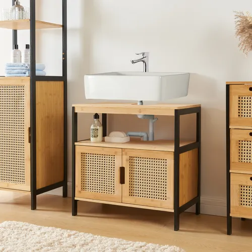 [en.casa] Waschbeckenunterschrank Tervola - Stilvoller Badezimmerschrank - Unterschrank fürs Bad mit elegantem Schwarz und Bambus, bietet großzügigen Stauraum und ist ideal für eine moderne Badezimmergestaltung.