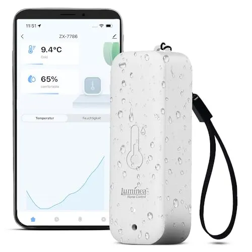 Luminea Home Control Luftfeuchtigkeit: Thermometer & Hygrometer mit Bluetooth und App, wetterfest nach IP65 (Thermometer Hygrometer außen, Smart mit App, Kühlschrank Alarm)