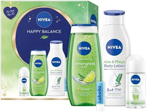 NIVEA Happy Balance Geschenkset, Pflegeset mit feuchtigkeitsspendenden Pflegeprodukten, Geschenkbox mit Pflegelotion, Pflegedusche, Deo Roll-On und Labello