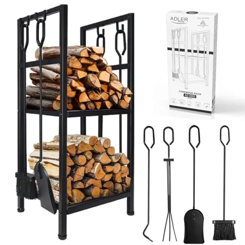 Adler Metall-Holzgestell AD 6815 - Schwarz mit Werkzeug - Elegantes Kaminholzregal für drinnen und draußen. Mit 80 kg Tragkraft und 4 praktischen Kaminwerkzeugen sorgt es für Ordnung und Komfort rund um Ihre Feuerstelle.