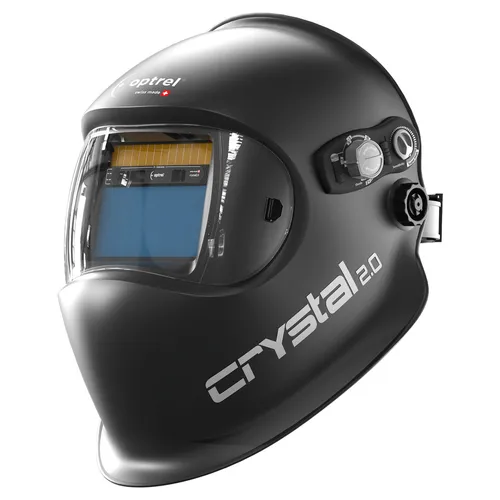 Optrel crystal2.0 Schwarz: Automatischer Schweißhelm mit 3 Lichtbogensensoren - Schweißerhelm mit Schutzstufe DIN 4 und 50x100 mm Sichtfeld, bietet solare und batteriebetriebene Funktionalität für optimale Sicherheit und Komfort.