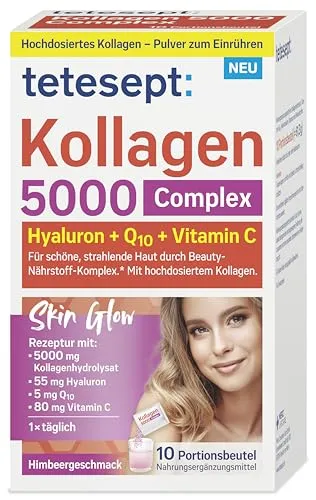 tetesept Kollagen 5000 Complex – Hochdosiertes Kollagenpulver mit Hyaluron, Q10 & Vitamin C