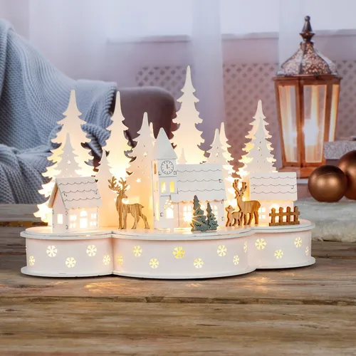 Haushalt International 3D Weihnachtsstadt aus Holz mit LED-Beleuchtung - Weihnachtlicher Zierschmuck: 3D-Weihnachtsstadt aus Holz mit 10 warmweißen LEDs, perfekt für stimmungsvolle Tisch- und Fensterdekoration. Batteriebetrieben für flexible Platzierung.