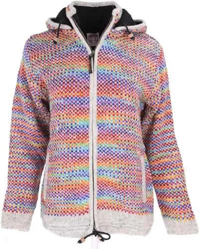 GURU SHOP Kuschelige Gefütterte Strickjacke - Modell 33 - Strickjacke für Damen aus reiner Schafwolle, gefüttert mit Fleece und mit abnehmbarer Kapuze. Ideal für kalte Tage und praktisch mit geräumigen Taschen und Reißverschluss.