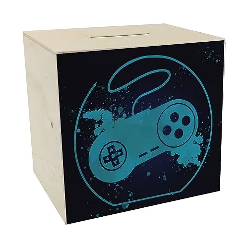 Spardose aus Holz mit Retrocontroller in Blau für Videospieler Geschenkidee witzige Spardose aus Holz für die nächste Spielekonsole sparen für Videospiele