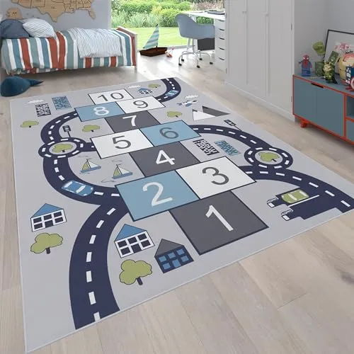 Paco Home Kinderteppich Grau, 200x290 cm - Teppiche & Böden, strapazierfähiger Spielteppich aus schadstofffreiem Polyester, ideal für fantasievolles Spielen und kuschelige Momente im Kinderzimmer.
