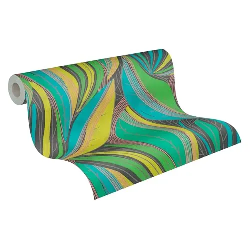 A.S. Création livingwalls Hot Spots Motivtapete 10,05 m x 0,53 m mit Blattmuster - Grün, Gelb, Türkis, Metallic - Vliestapete, Wanddeko im tropischen Stil Made in Germany - 786551