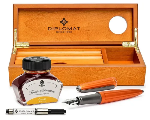 DIPLOMAT Füllhalter Füllhalter Set Diplomat Aero orange mit Tinte, Stärke M, (Komplett-Set mit Tintenkonverter, Schreibtinte Orange von Octopus Fluids und Holzetui), MADE IN GERMANY